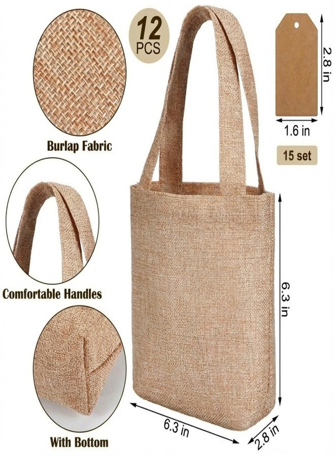 Aliceset 12 Pcs Mini Burlap Gift Bags with Handles Reusable Burlap Tote Bags with Tags Small Wedding Welcome Bridesmaids Jute Bag Bulk for Party Supplies DIY Crafts (6.3 x 6.3 x 2.8 Inch,Light Brown) - Image 2